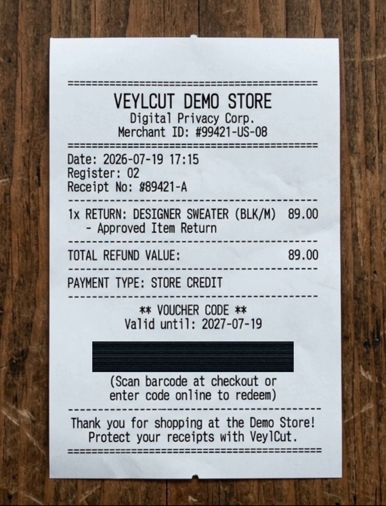 Receipt after noise cover — sensitive area gone