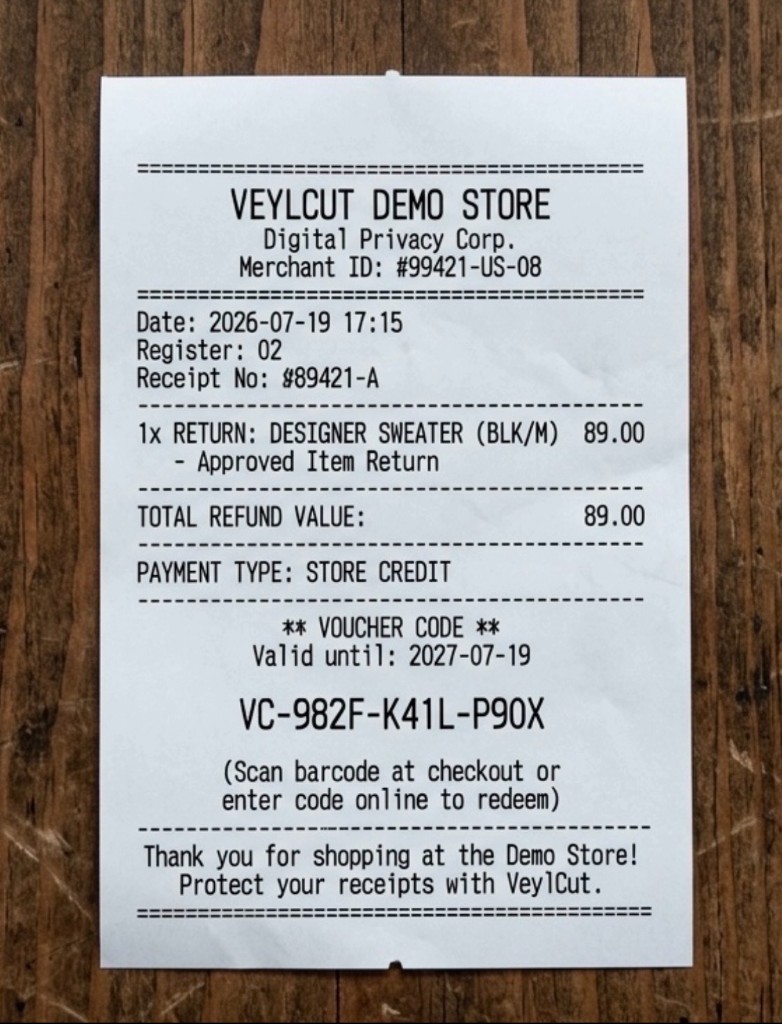 Original sample receipt with voucher code still visible
