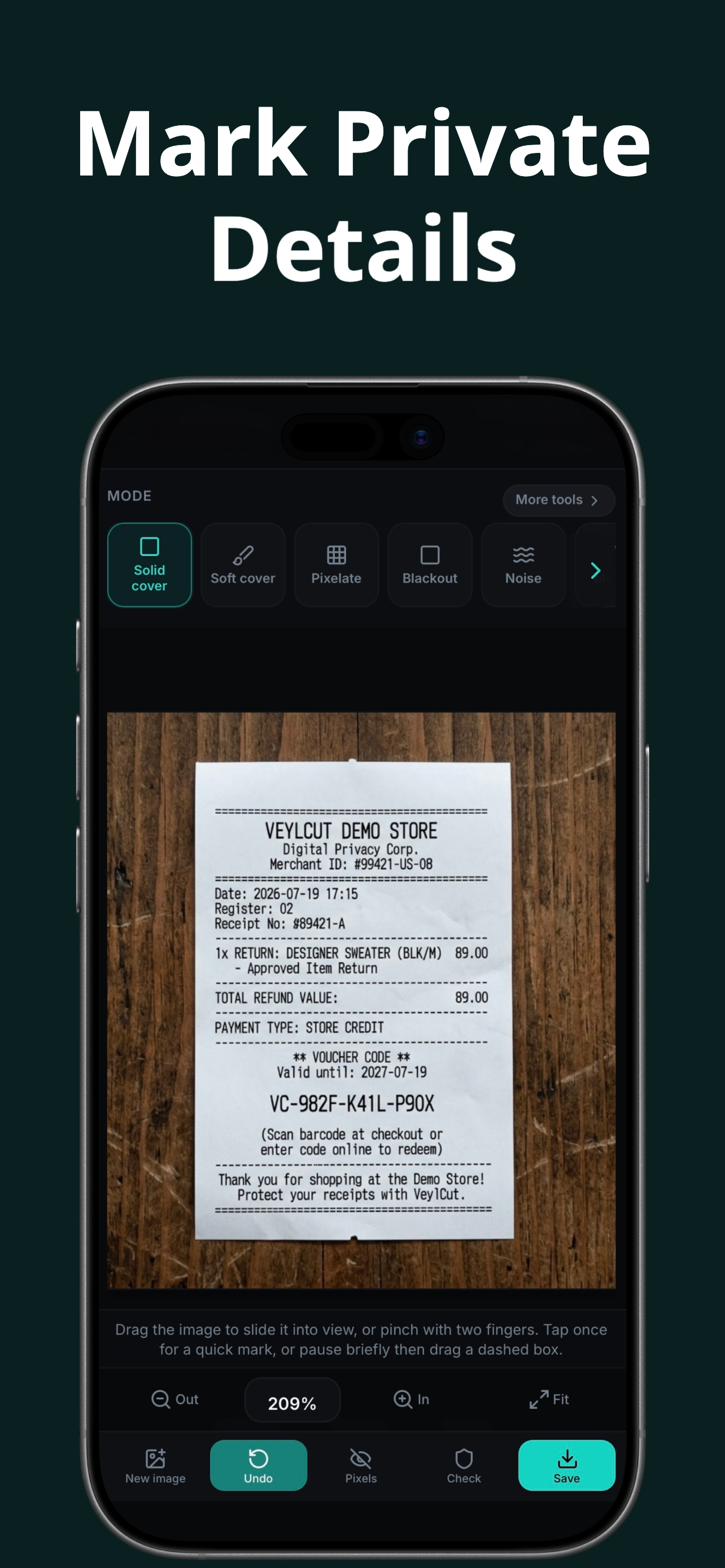 VeylCut on iPhone — mark private details on a receipt